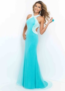Sexy 2015 Turquoise White Halter Beaded Open Back Prom Dress